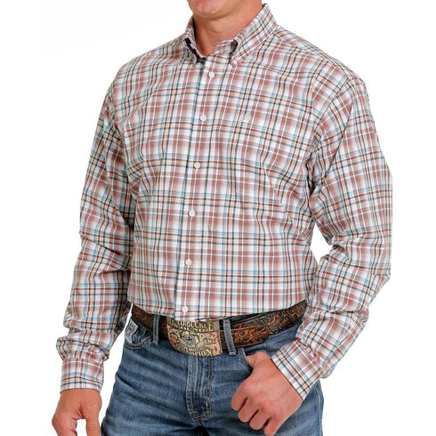 Cinch Men's Long Sleeve Brown & Light Blue Plaid Shirt