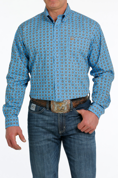 Cinch Men's Long Sleeve Blue Geometric Print Shirt