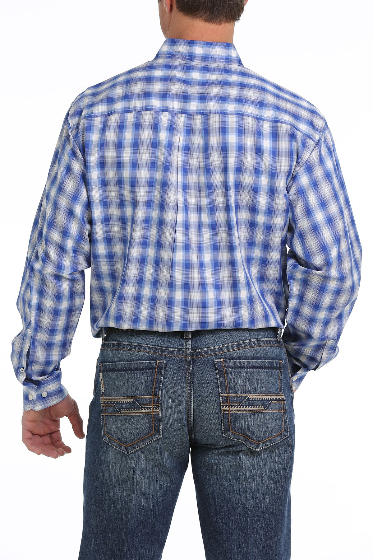 Cinch Men's Blue White Plaid Long Sleeve Button-Down Shirt