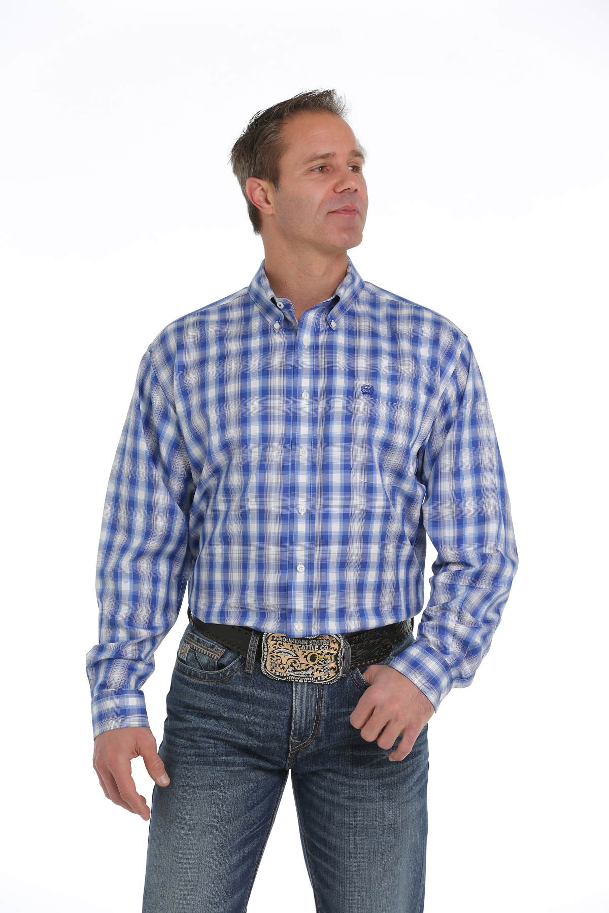 Cinch Men's Blue White Plaid Long Sleeve Button-Down Shirt