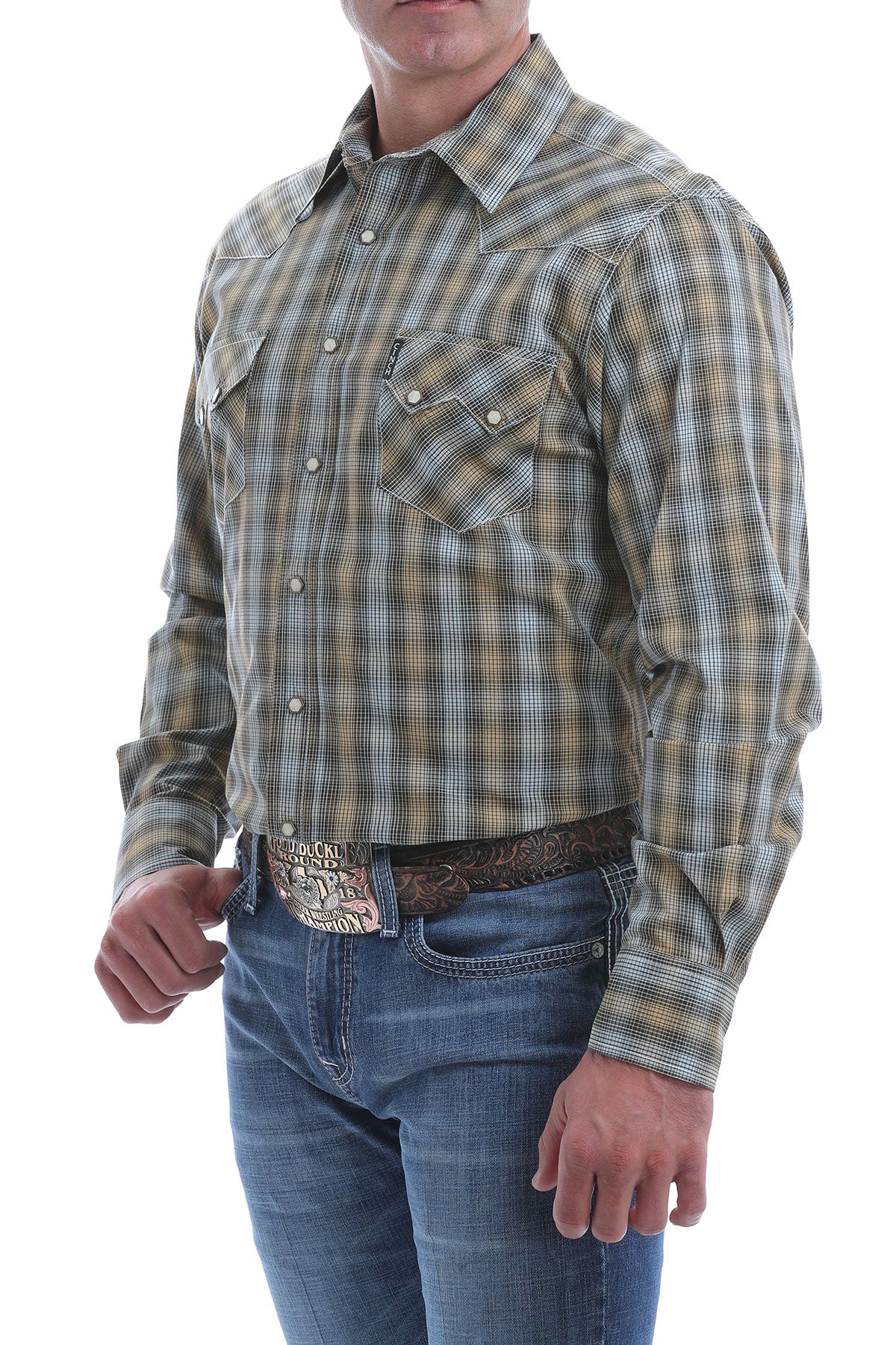 Cinch Men's Brown White Plaid Long Sleeve Snap Shirt