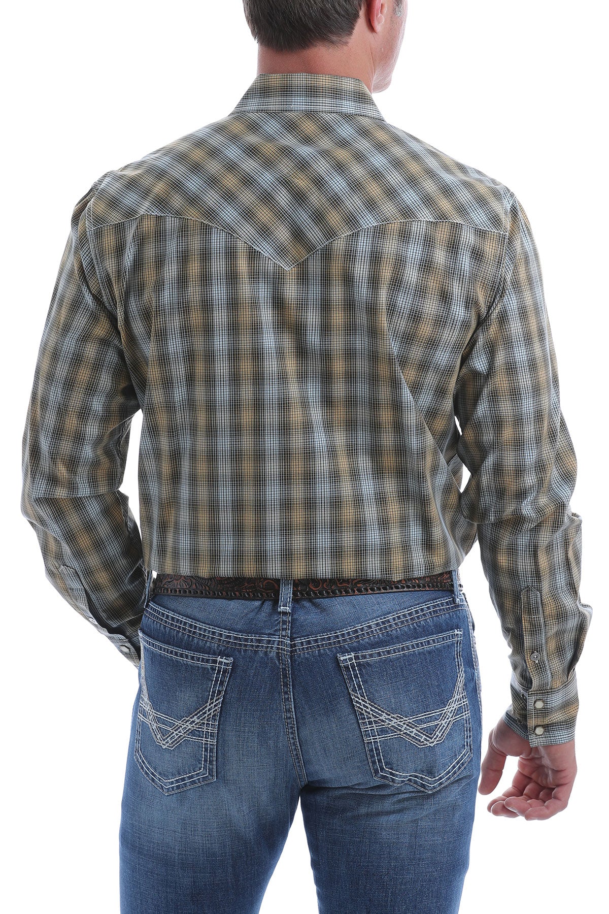 Cinch Men's Brown White Plaid Long Sleeve Snap Shirt