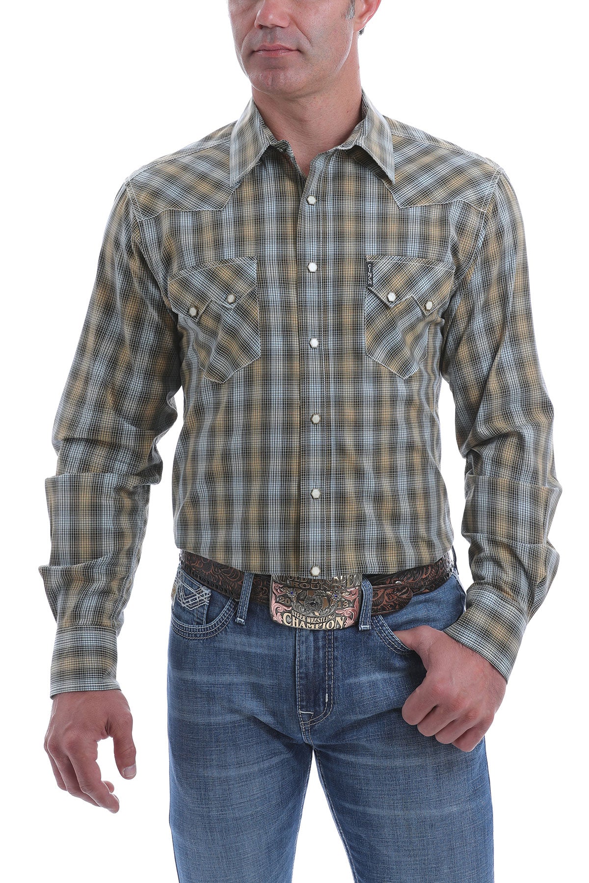 Cinch Men's Brown White Plaid Long Sleeve Snap Shirt