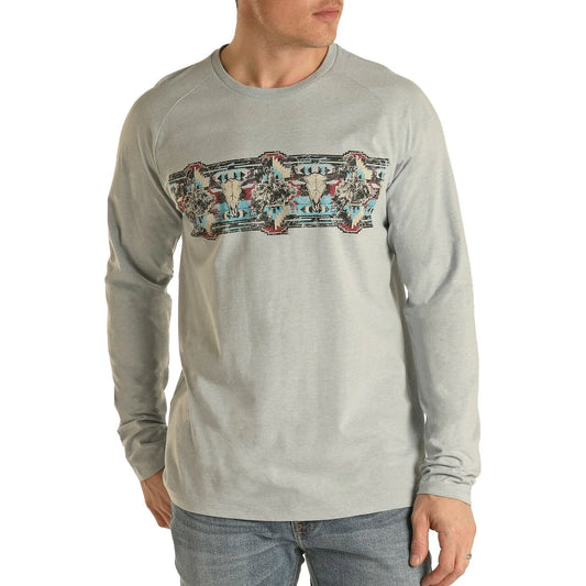 Rock and Roll Men's Patterned Bronc Rider/Steer Head Long Sleeve Grey T-Shirt