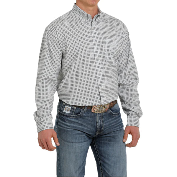Cinch Men's Grey & Teal Geometric Print Long Sleeve Shirt