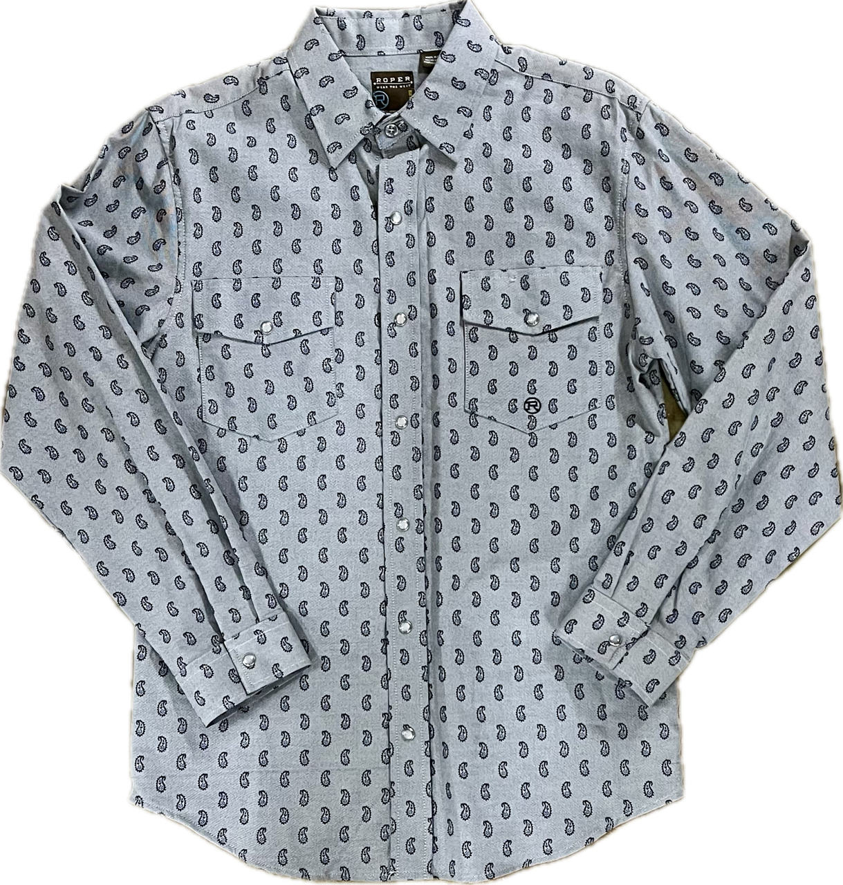 Roper Boy's Grey Snap Shirt with Small Navy Paisley Print