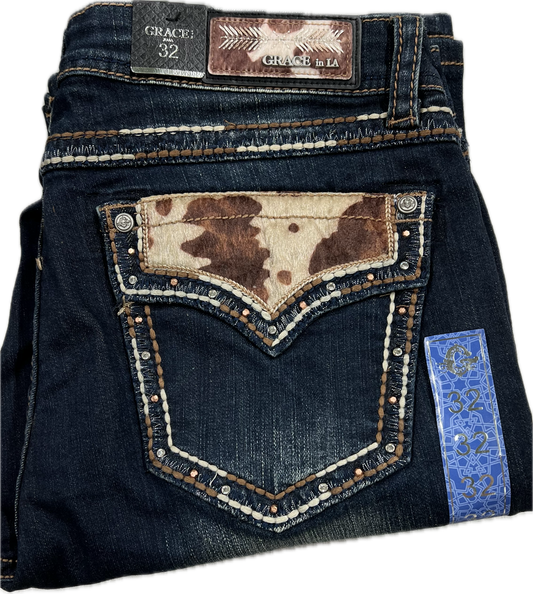 Grace in LA Women's Bootcut Jeans w/Faux Cowprint Pockets