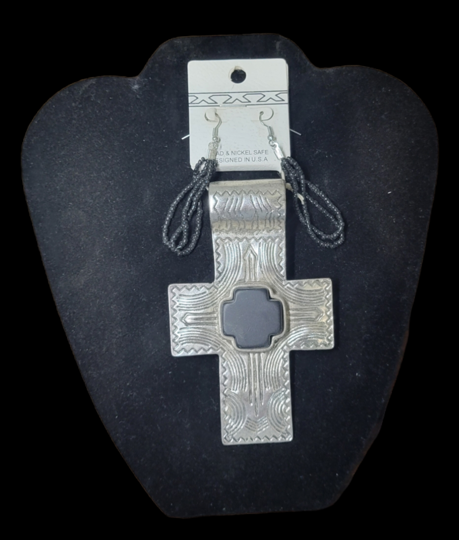 Cross Necklace Pendant w/Black stone & Earrings