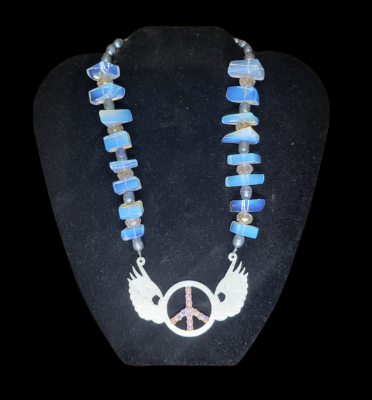 Peace Sign w/wings and blue stone necklace