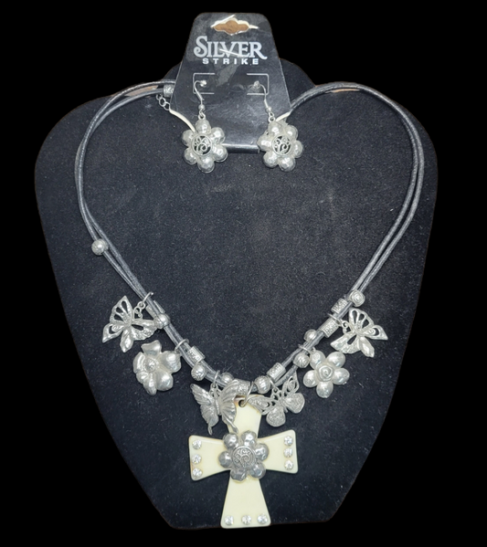 White Stone Cross w/rhinestones & charms necklace/earrings set