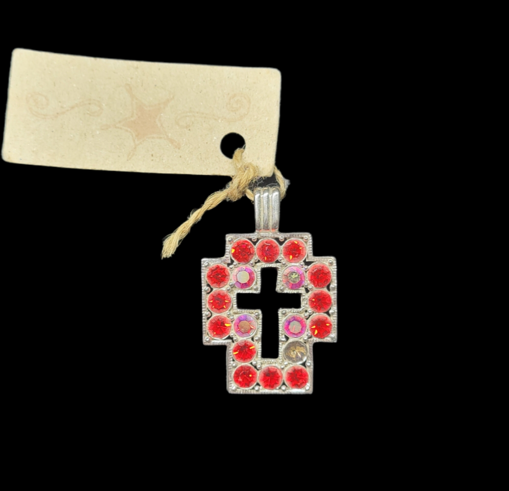 Cross necklace pendant w/red rhinestones